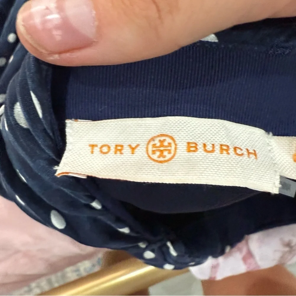 Tory Burch Bubble Skirt Side Ruched Mini in Navy Polka Dot Satin Silk